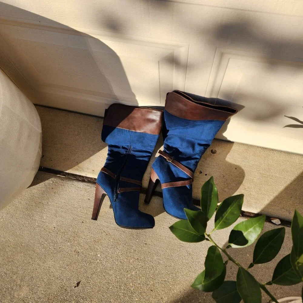 Y2K Western-Inspired Cowboy Chic Brand-New Blue Suede Women’s Knee Boots Size 9 - Picture 8 of 15